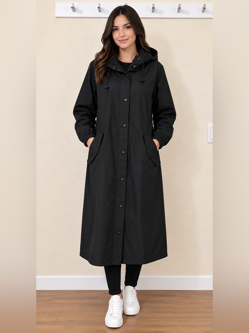 ASOS DESIGN Women’s Black Long Hooded Raincoat Jacket Size M Tall
